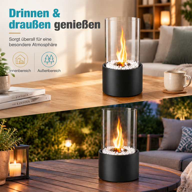 Ein tragbarer Ethanol-Kamin mit Glaszylinder und weißen Steinen auf einem Holztisch, drinnen und draußen genutzt.