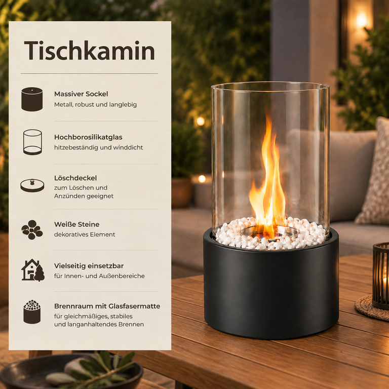 Moderner Tischkamin mit Flamme in Glaszylinder auf Holztisch und Infografik.