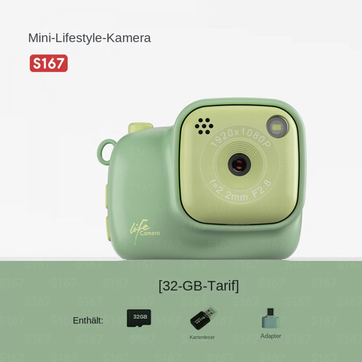 Eine grüne Mini-Lifestyle-Kamera mit Zubehör wie einer 32GB Speicherkarte, Kartenleser und Adapter.