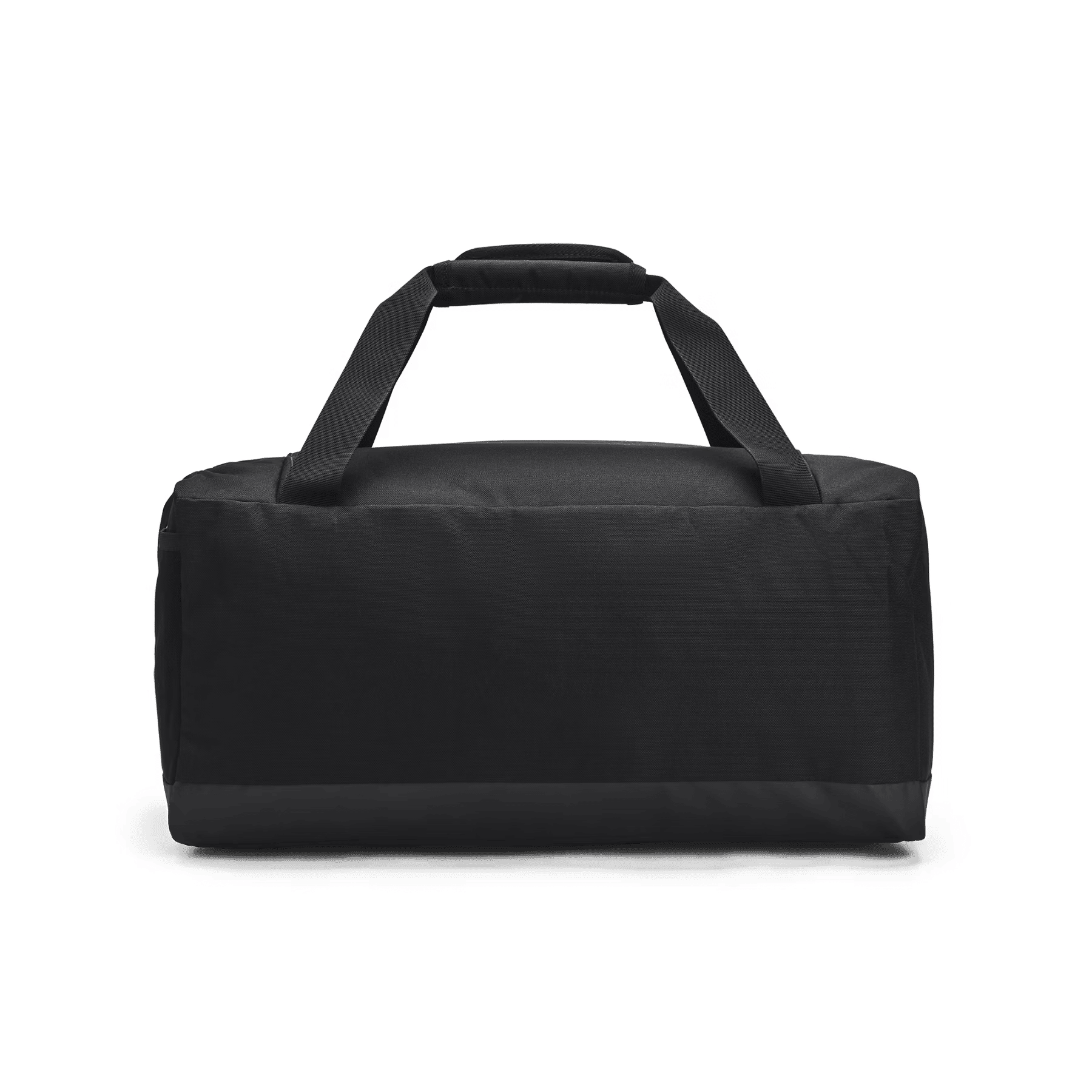 Una borsa da palestra nera con due manici su sfondo nero.