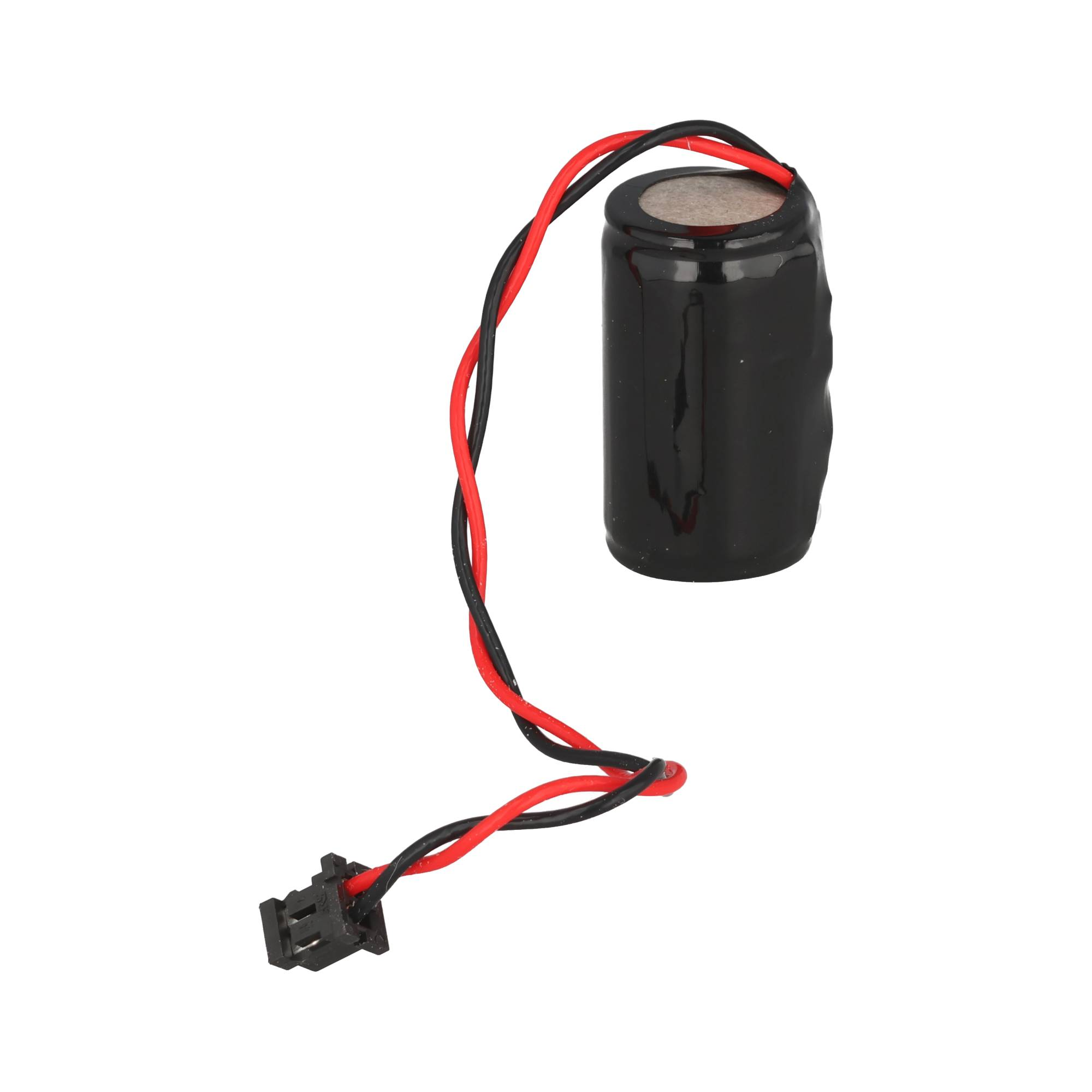 Eine schwarze zylindrische Batterie mit roten und schwarzen Kabeln, die in einem kleinen schwarzen Stecker enden.