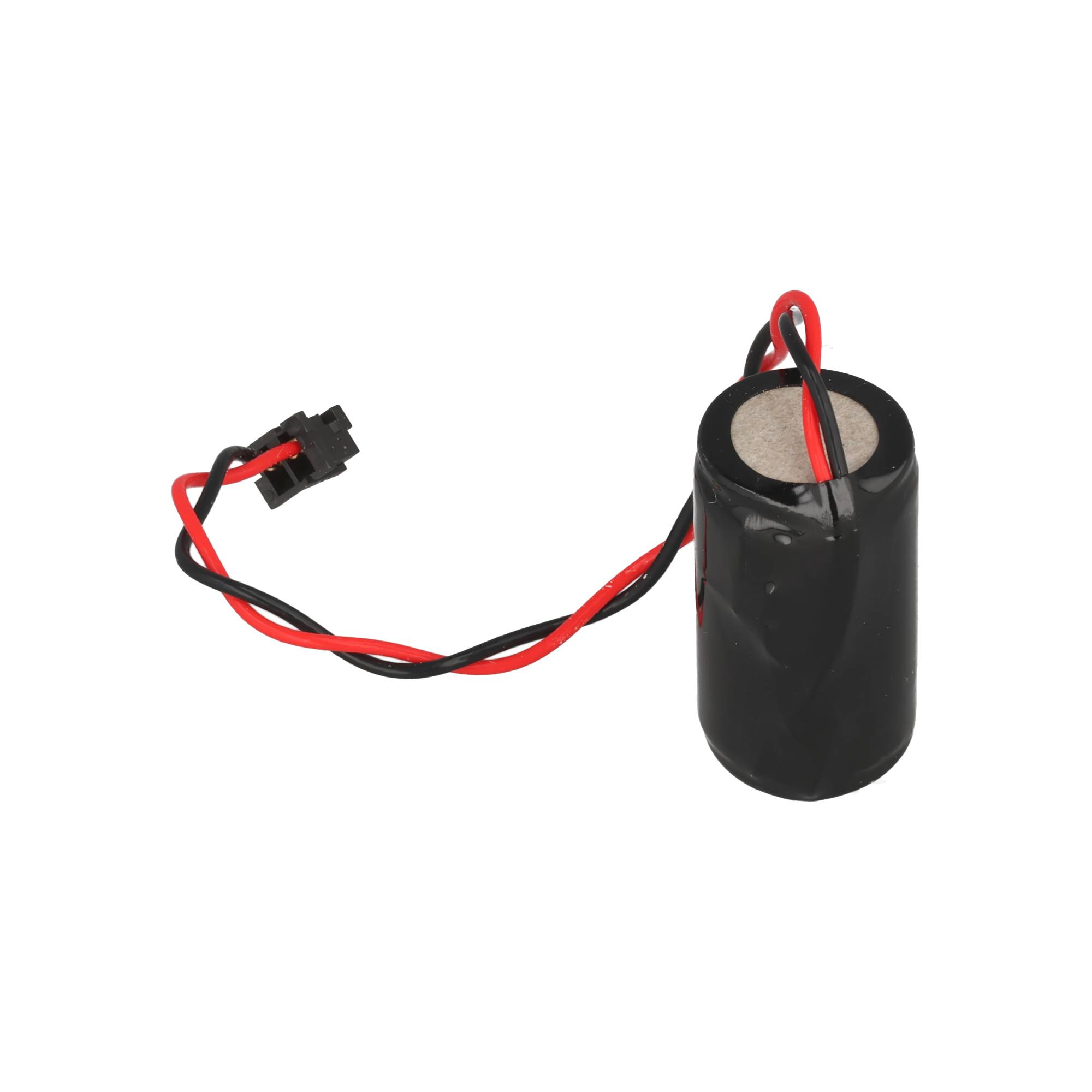 Eine schwarze zylindrische Batterie mit roten und schwarzen Kabeln, die in einem Stecker enden.