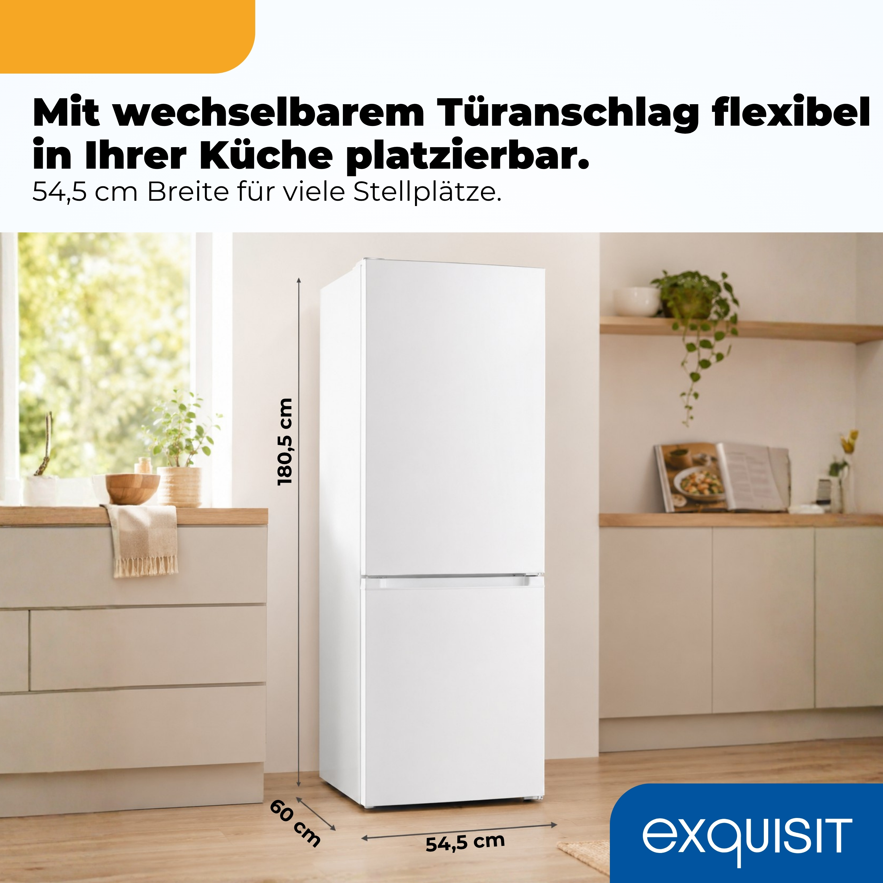 Ein weißer Exquisit-Kühlschrank in einer modernen Küche mit Maßen von 180,5 cm Höhe, 54,5 cm Breite und 60 cm Tiefe.