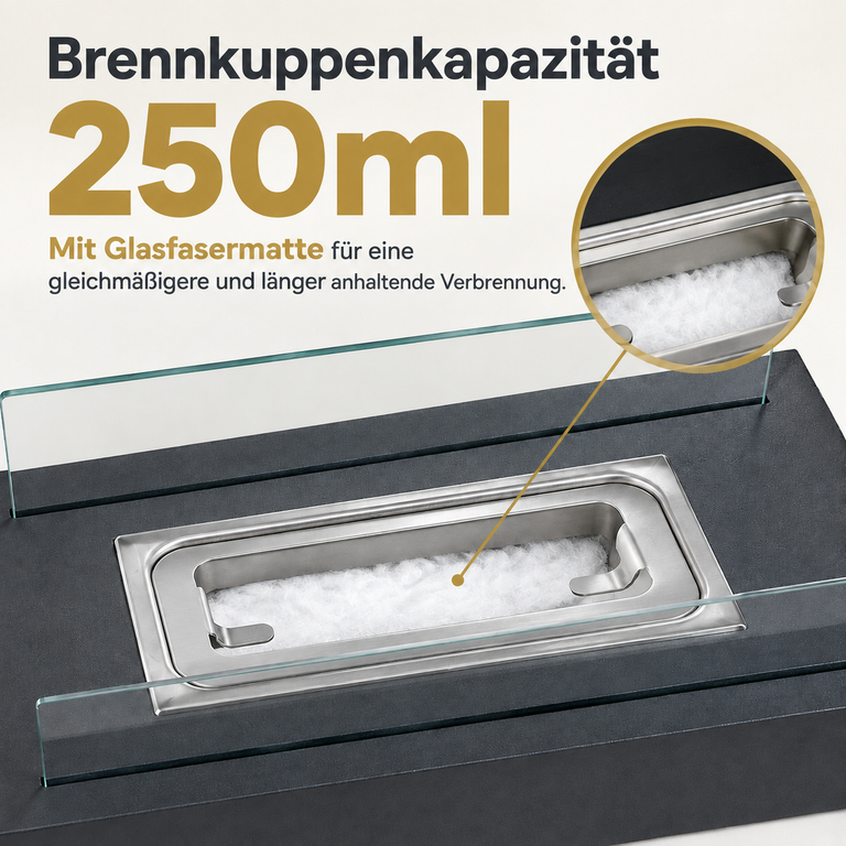 Brennkammer mit 250ml Kapazität und Glasfasermatte für längere Verbrennung.