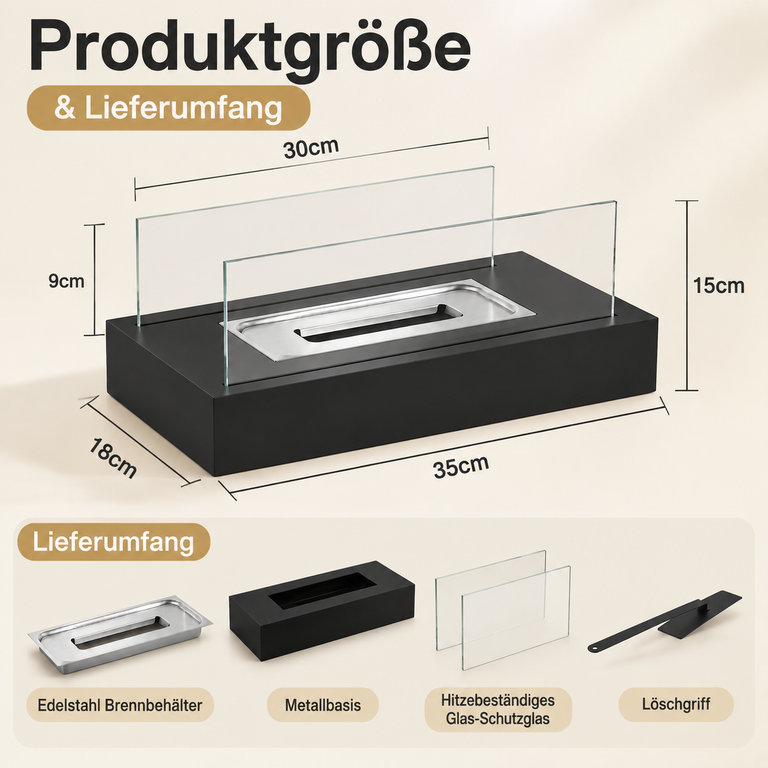 Produktgröße und Lieferumfang eines schwarzen Tischkamins mit Maßen und Einzelteilen wie Brenner, Glas und Griff.