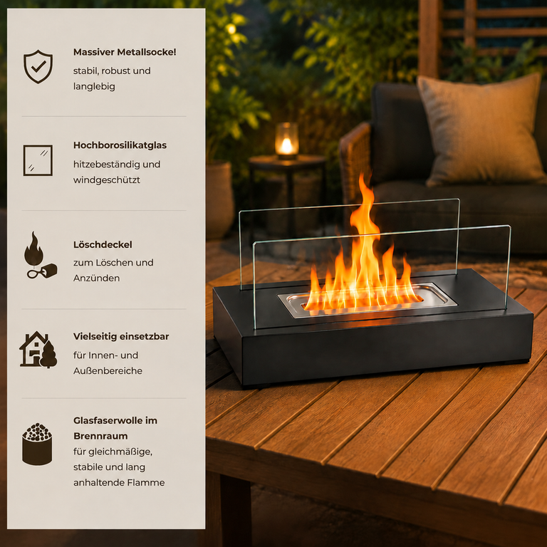 Ein schwarzer Tischkamin mit Flammen auf Holz, links mit Produktmerkmalen.