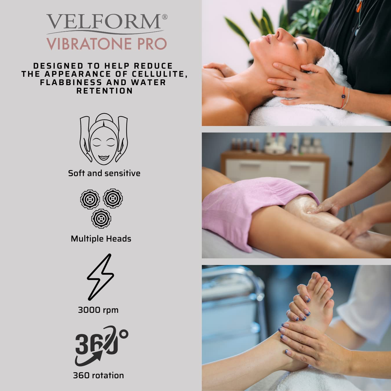 Publicité du produit Velform Vibratone Pro avec des images de massage et des caractéristiques.