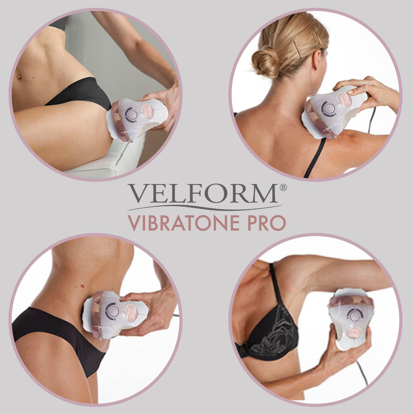 Appareil Velform Vibratone Pro utilisé sur diverses parties du corps dans quatre cadres circulaires.