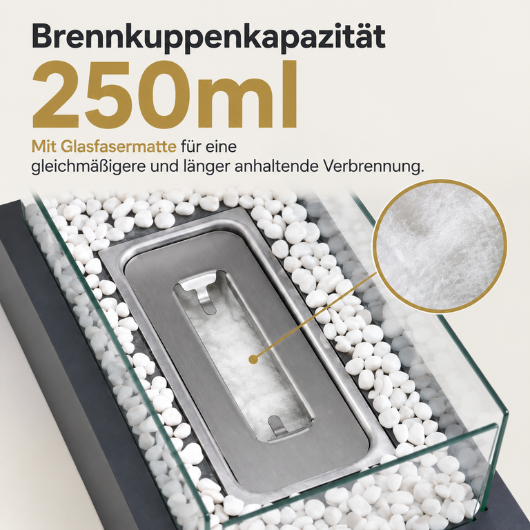 Brennkuppenkapazität 250ml mit Glasfasermatte für längere Verbrennung, umgeben von weißen Steinen und Glas.