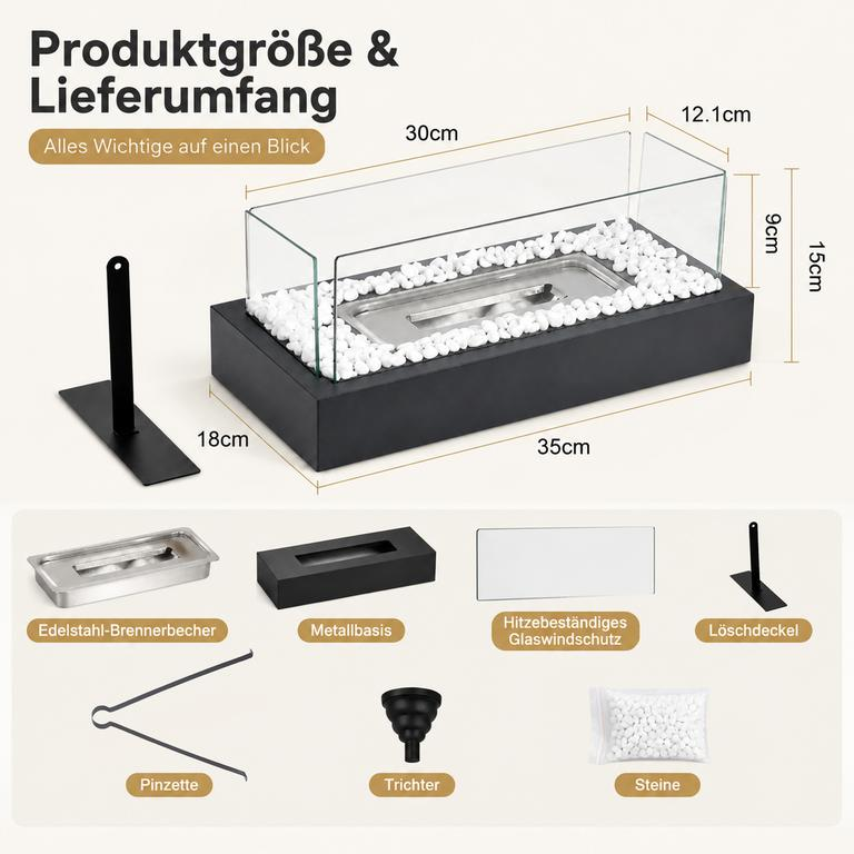 Diagramm zeigt die Produktgröße und den Lieferumfang eines Tischkamins mit Maßen und Zuteilung.