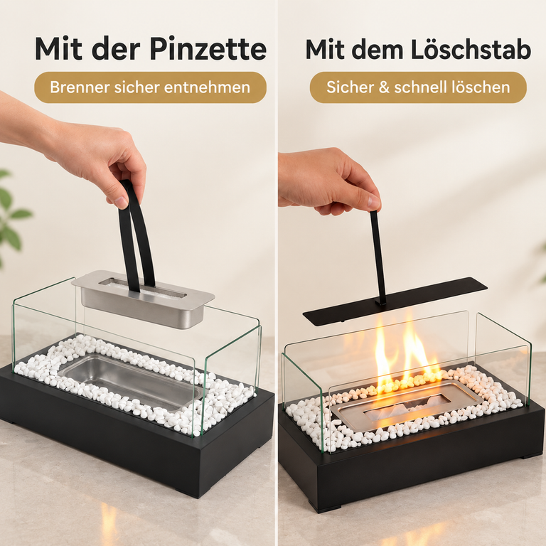 Zwei Hände bedienen einen Tischkamin aus Glas mit weißen Steinen: Ein Brenner wird herausgenommen und Flammen werden gelöscht.
