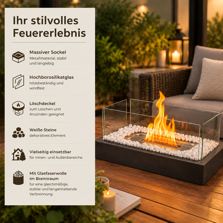 Tischkamin mit Glas, weißen Steinen und Flammen, links mit deutscher Produktbeschreibung.