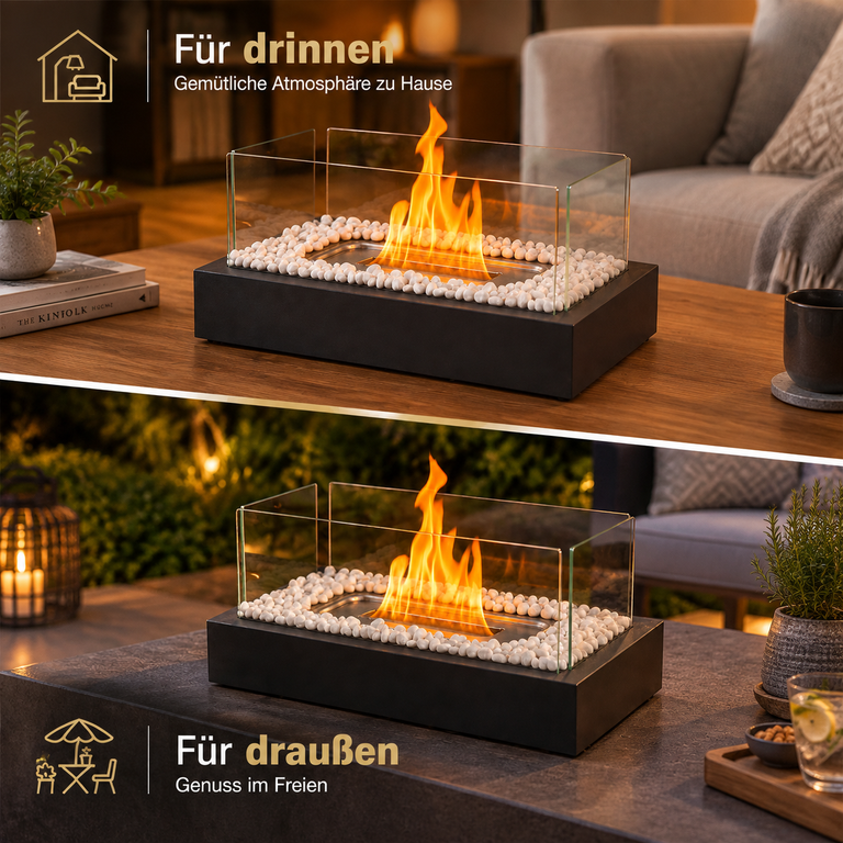 Ein tragbarer Ethanol-Kamin mit weißen Steinen auf einem Tisch, geeignet für drinnen und draußen.