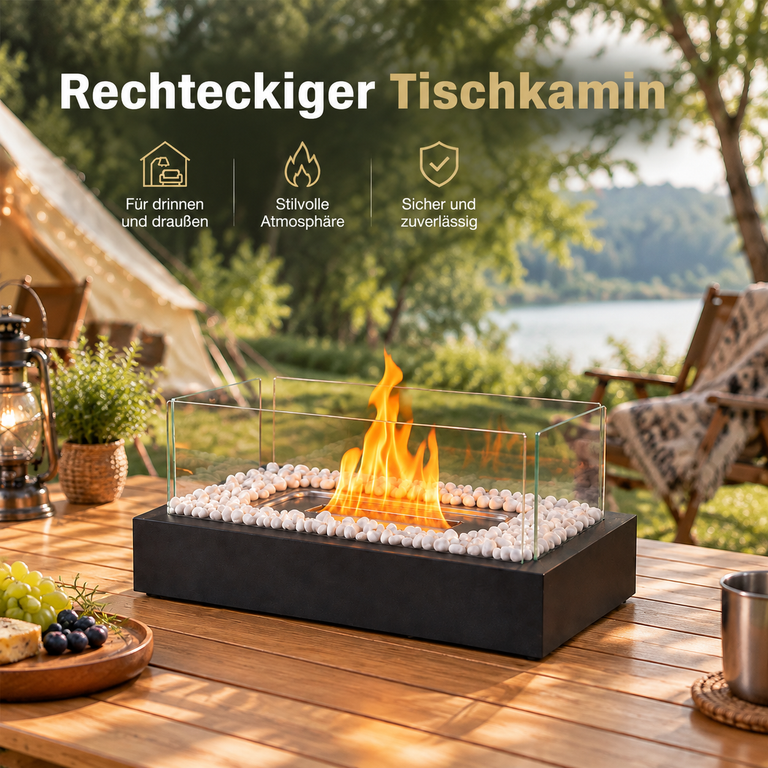 Rechteckiger Tischkamin mit Flammen, umgeben von weißen Steinen auf einem Holztisch im Freien.