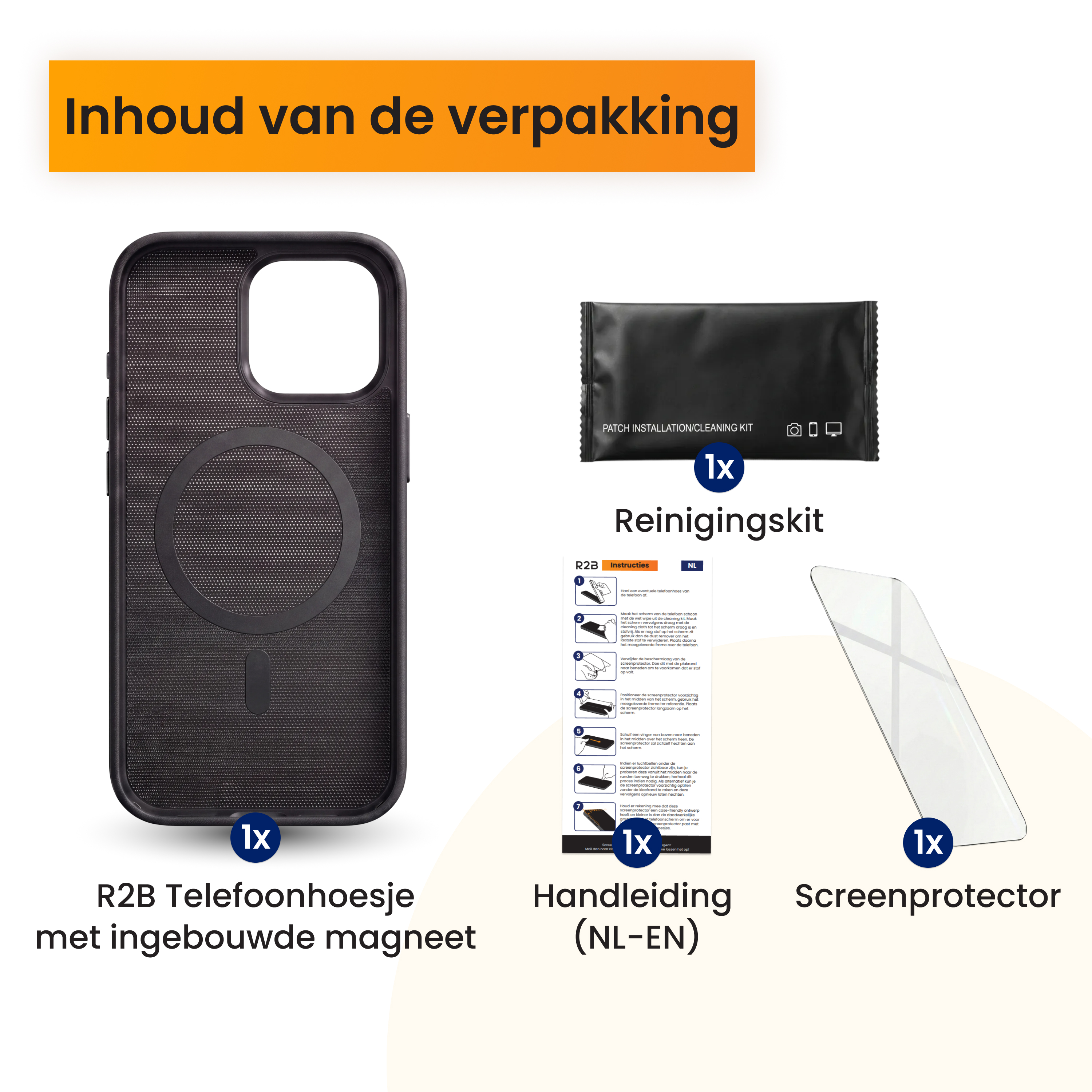Inhoud verpakking: 1 zwart telefoonhoesje met magneet, 1 reinigingskit, 1 handleiding en 1 screenprotector.
