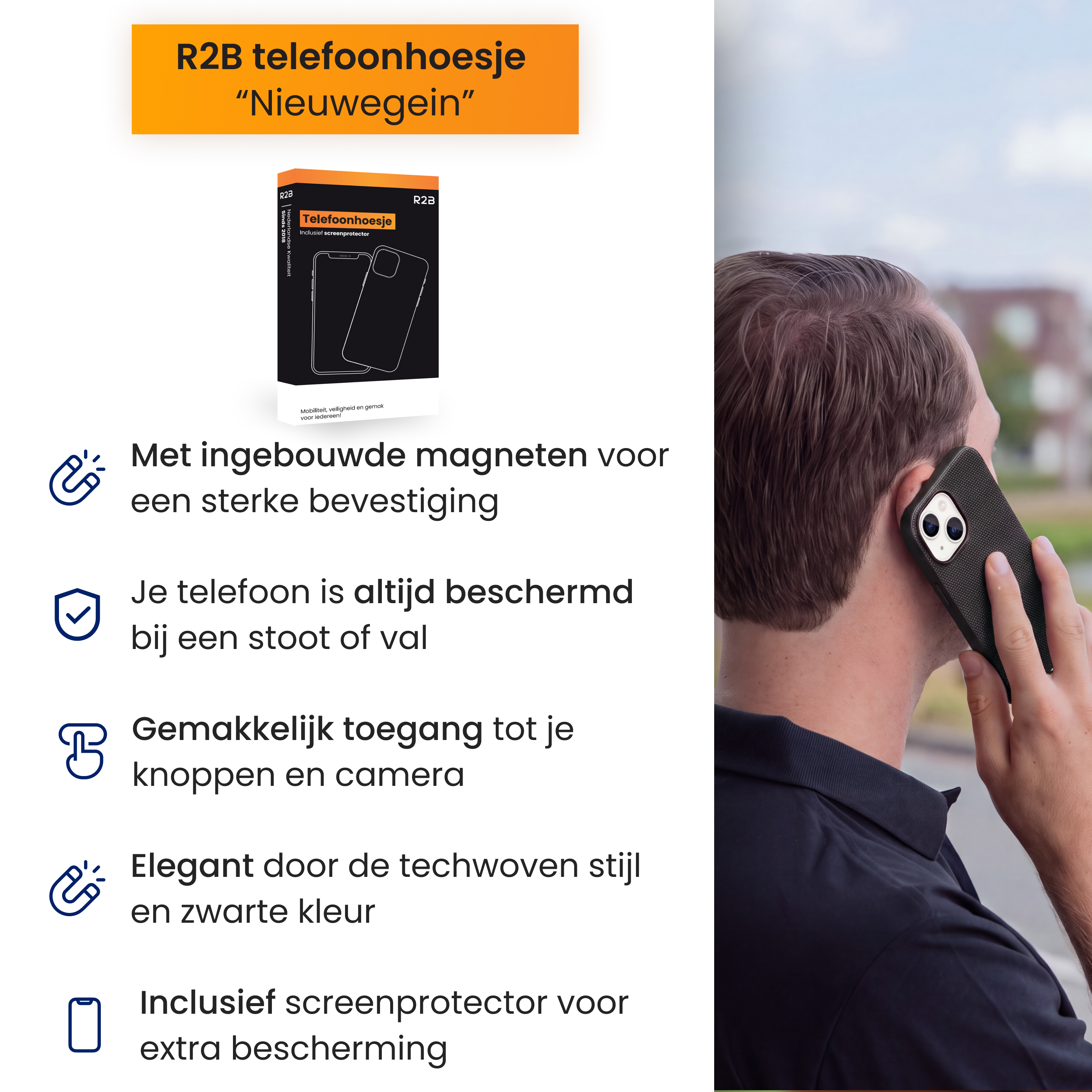 A man is making a phone call using a smartphone in a black R2B protective case, next to promotional text.