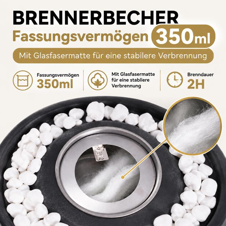 Brennerbecher mit 350ml Fassungsvermögen und Glasfasermatte, umgeben von weißen Steinen in einem schwarzen Halter.