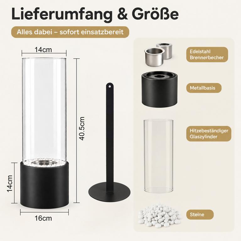 Diagramm zeigt Lieferumfang und Maße eines Tischkamins mit Glaszylinder und Metallbasis.