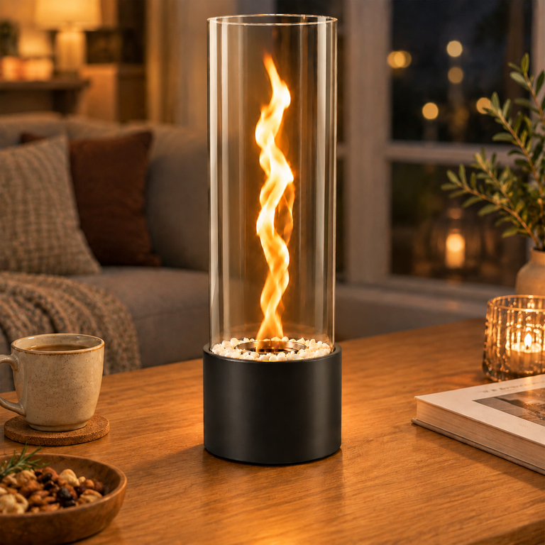 Ein zylinderförmiger Kamin brennt auf einem Holztisch mit einer Tasse und Snacks.