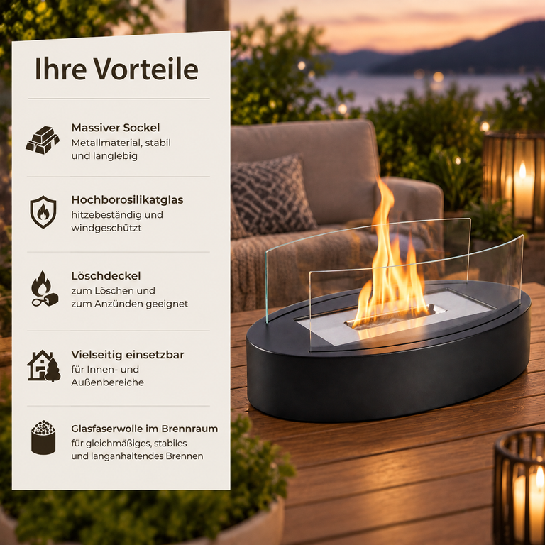 Eine schwarze Tischfeuerstelle mit Glasschirmen brennt auf einem Holztisch, links Text mit Produktmerkmalen.