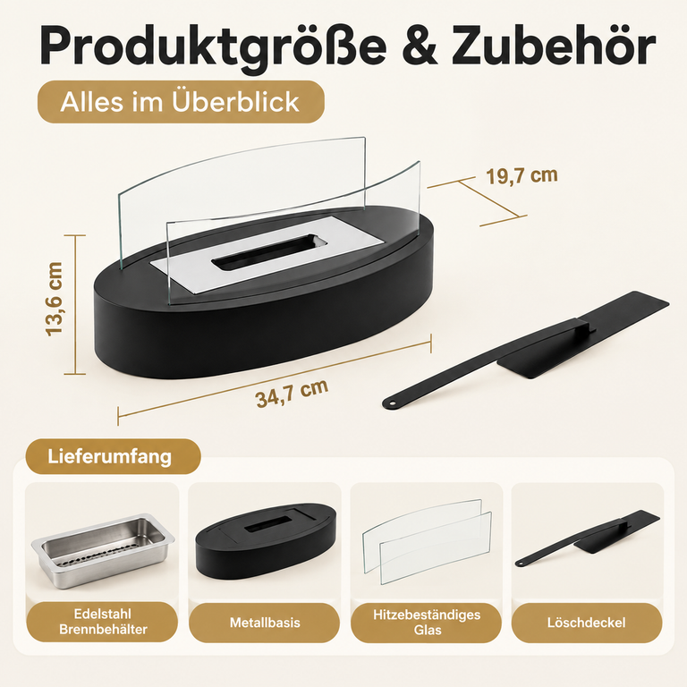 Produktgröße und Zubehör eines schwarzen Tischkamins mit Glas und Brenner.