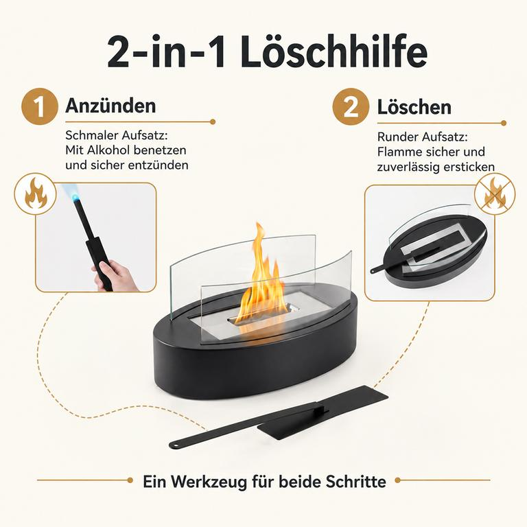 Ein Bild zeigt eine 2-in-1-Löschhilfe mit Anweisungen zum Anzünden und Löschen einer Tischfeuerstelle.
