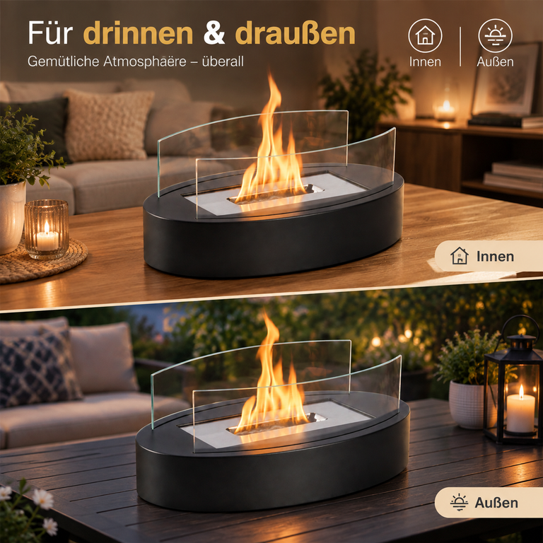 Ein schwarzer Tischkamin mit Glasschutz brennt drinnen und draußen und zeigt gemütliche Flammen.