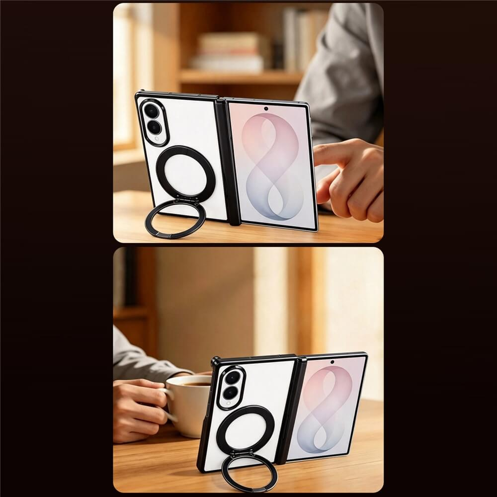 Ein faltbares Smartphone mit Schutzhülle und Ringhalter auf einem Holztisch, Hintergrund unscharf.