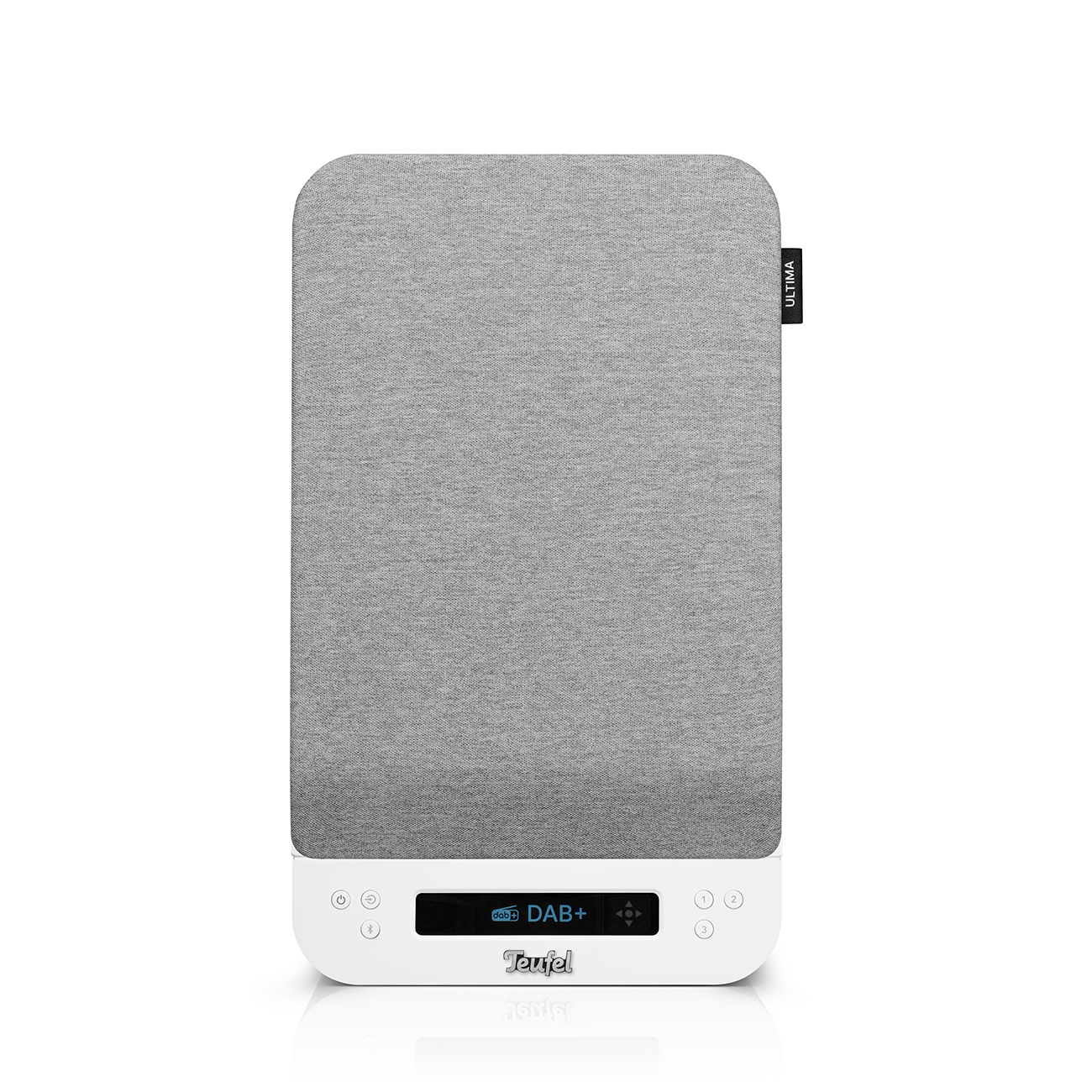 Ein grauer Teufel Ultima Lautsprecher mit weißem Sockel und DAB+ Digitaldisplay auf weißem Hintergrund.