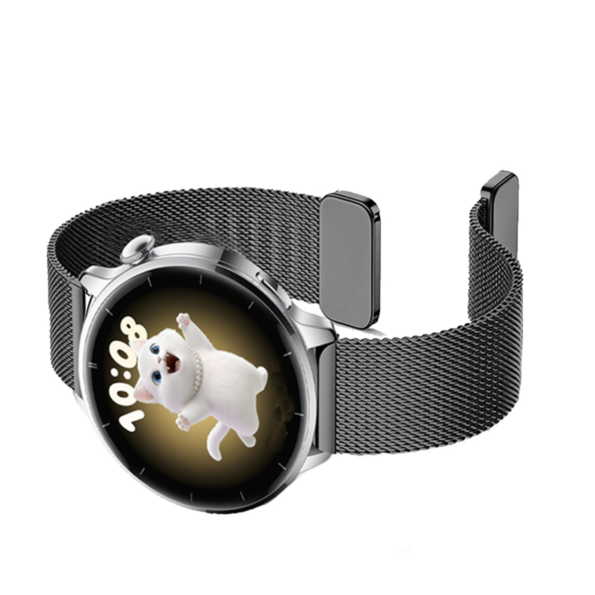 Eine silberne Smartwatch mit schwarzem Mesh-Armband zeigt eine verspielte weiße Katze und die Uhrzeit 10:08.
