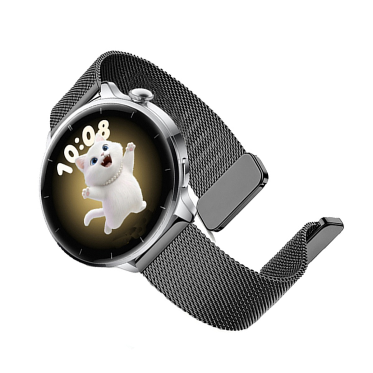 Silberne Smartwatch mit schwarzem Metallarmband und weißem Cartoon-Katzen-Zifferblatt.
