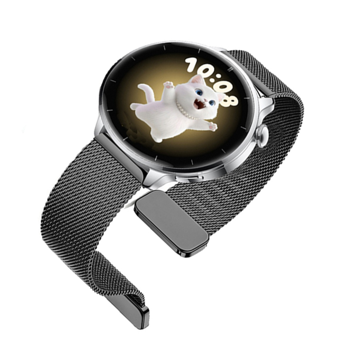 Eine silberne Smartwatch mit schwarzem Mesh-Armband zeigt eine weiße Katze und die Uhrzeit 10:08.