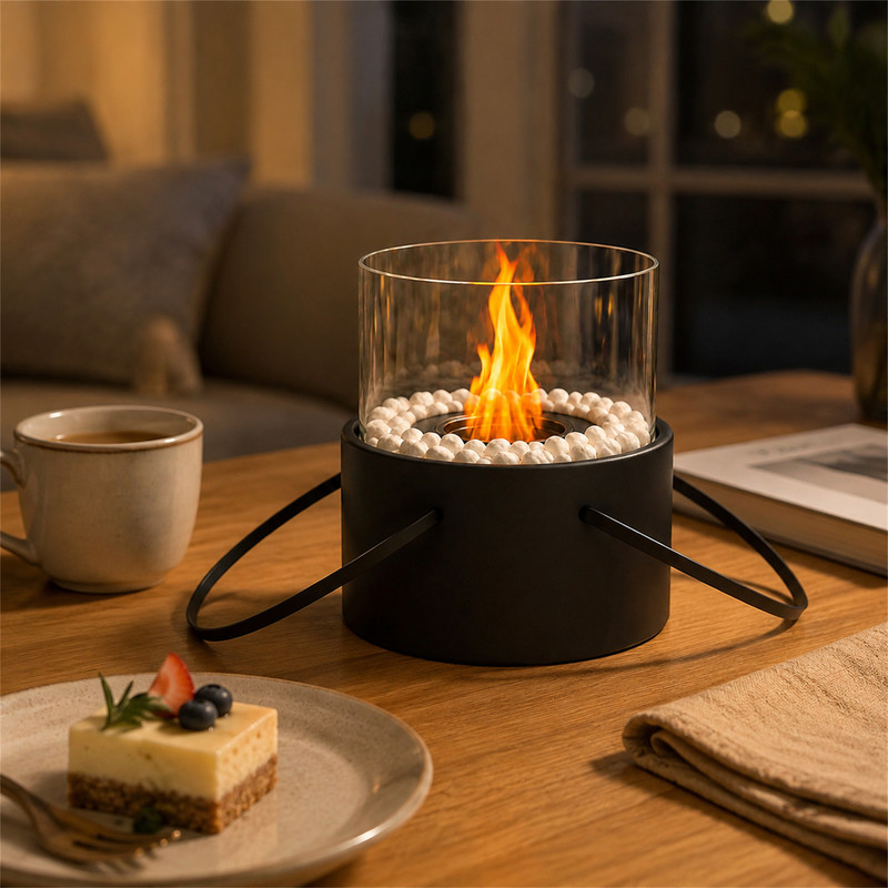 Ein kleiner Tischkamin brennt in einem Zylinder, umgeben von Käsekuchen, Kaffee und einem Buch.