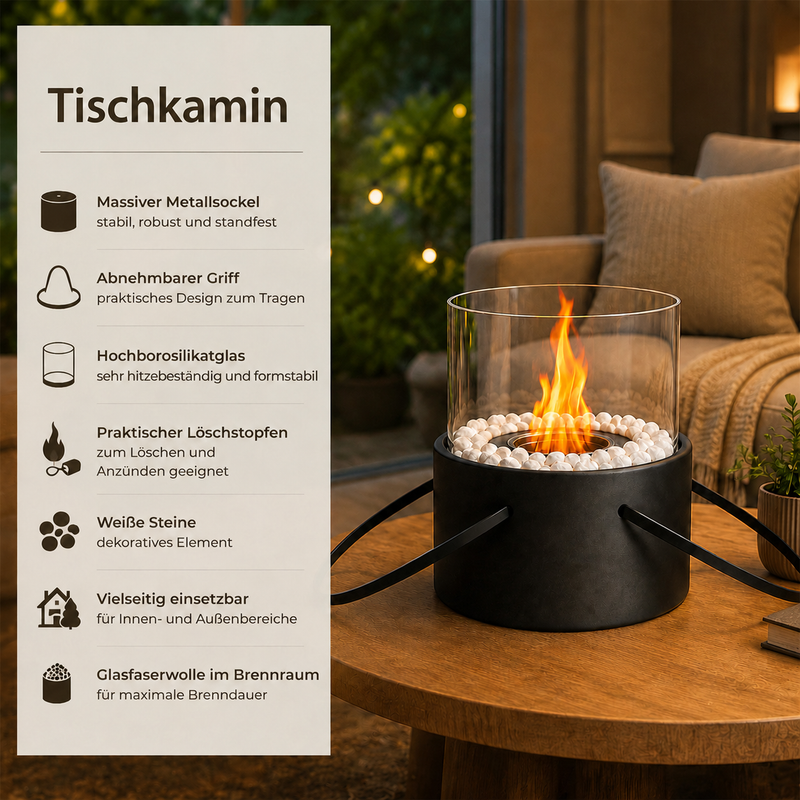 Ein schwarzer Tischkamin mit Flamme, umgeben von weißen Steinen in einem Glaszylinder auf einem Holztisch, mit Infografik.