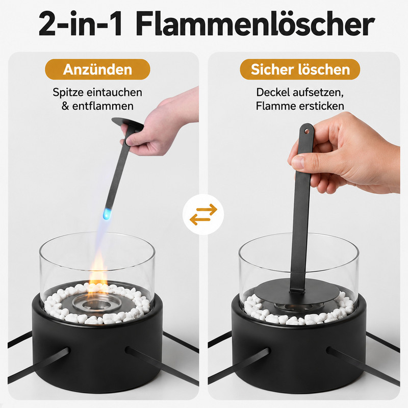 Anleitung zum Anzünden und Löschen einer Tischfeuerstelle mit einem Metallwerkzeug.