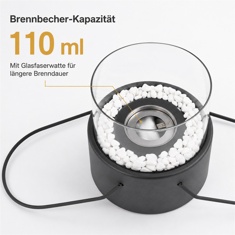 Eine schwarze Tischfeuerschale mit 110 ml Kapazität, Glaszylinder und weißen Steinen.