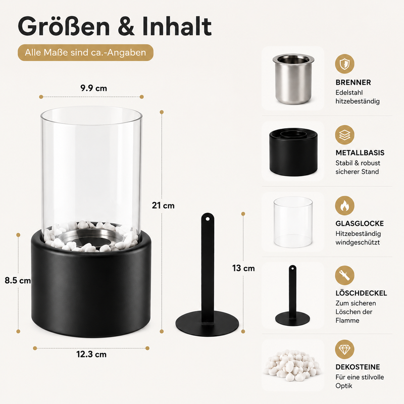 Diagramm zeigt Maße und Komponenten einer Tischfeuerstelle mit Glaszylinder, Metallbasis und Steinen.