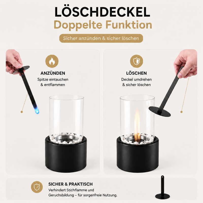 Anleitung zur Verwendung eines Löschdeckels zum sicheren Anzünden und Löschen einer Tischfeuerstelle.