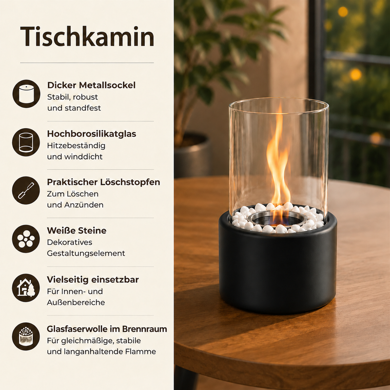 Ein moderner Tischkamin mit schwarzem Sockel, Glaszylinder und brennender Flamme auf einem Holztisch.