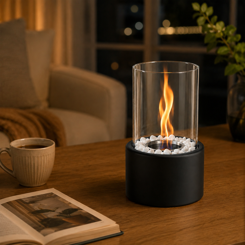 Ein gläserner Tischkamin mit einer Flamme, umgeben von weißen Steinen, auf einem Holztisch mit Tasse und Buch.
