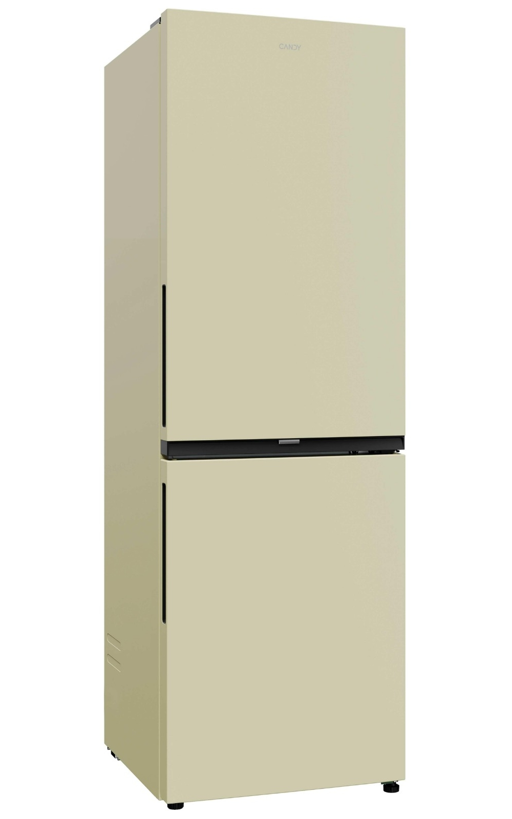 Frigorifero a doppia porta Candy beige con maniglie nere su fondo bianco.
