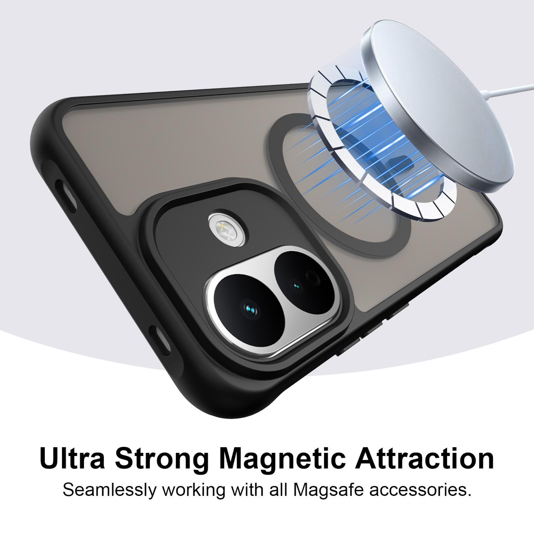 Eine schwarze Smartphone-Hülle wird von einem magnetischen Ladegerät angezogen, dargestellt mit blauen Linien.