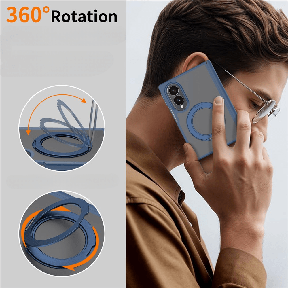 Ein Mann hält ein Handy mit blauer Hülle und Ringständer, Insets zeigen 360-Grad-Drehung.