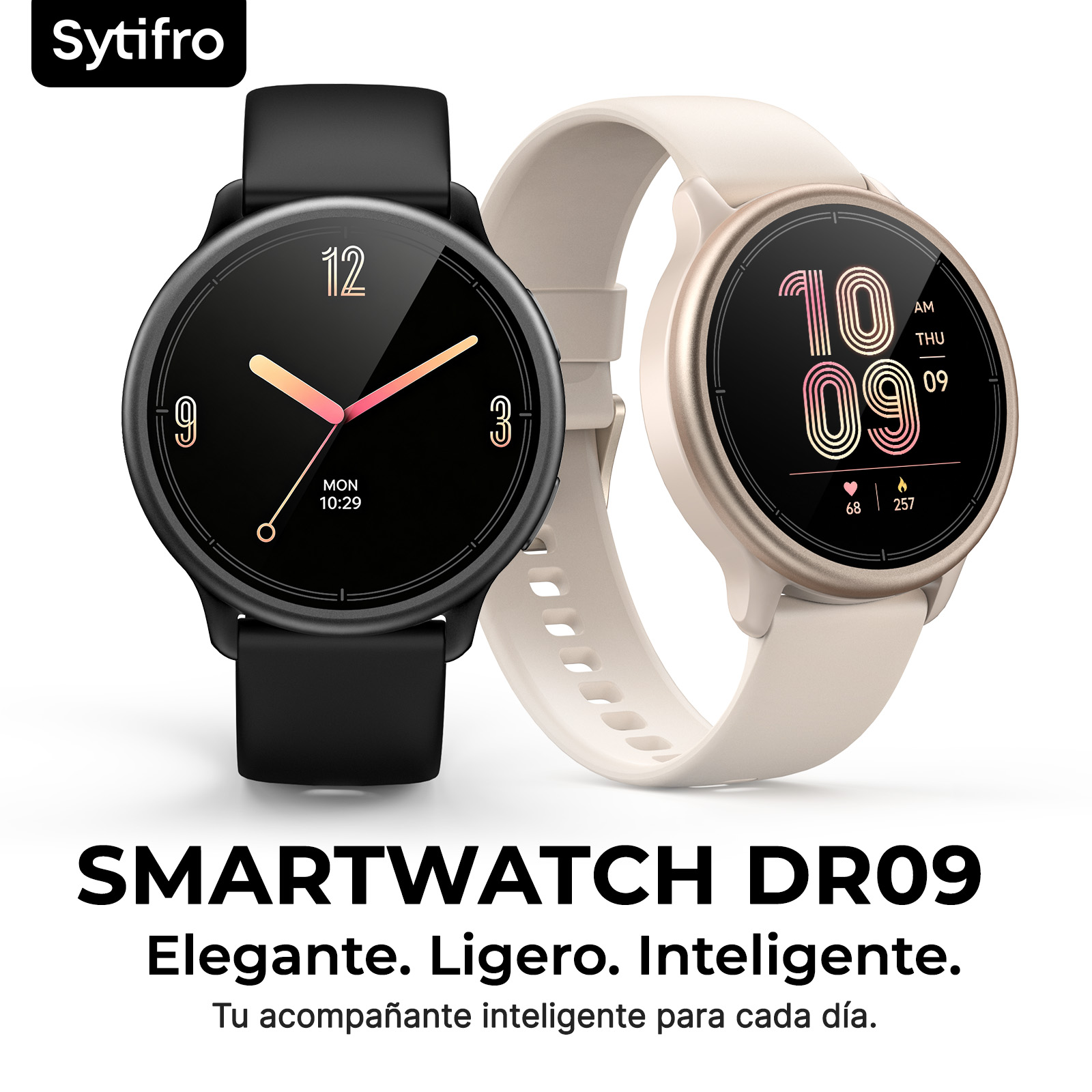Dos relojes inteligentes con correas negra y clara sobre fondo blanco.