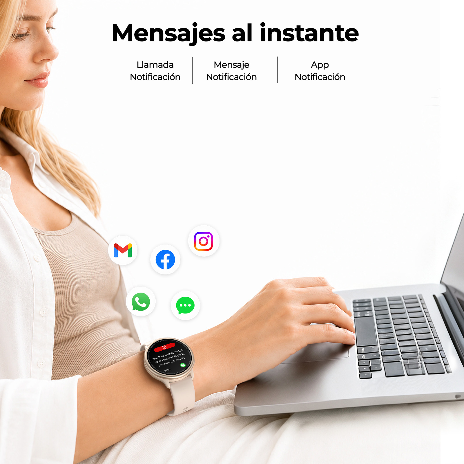 Una mujer usa una laptop con reloj inteligente, iconos de aplicaciones y texto.