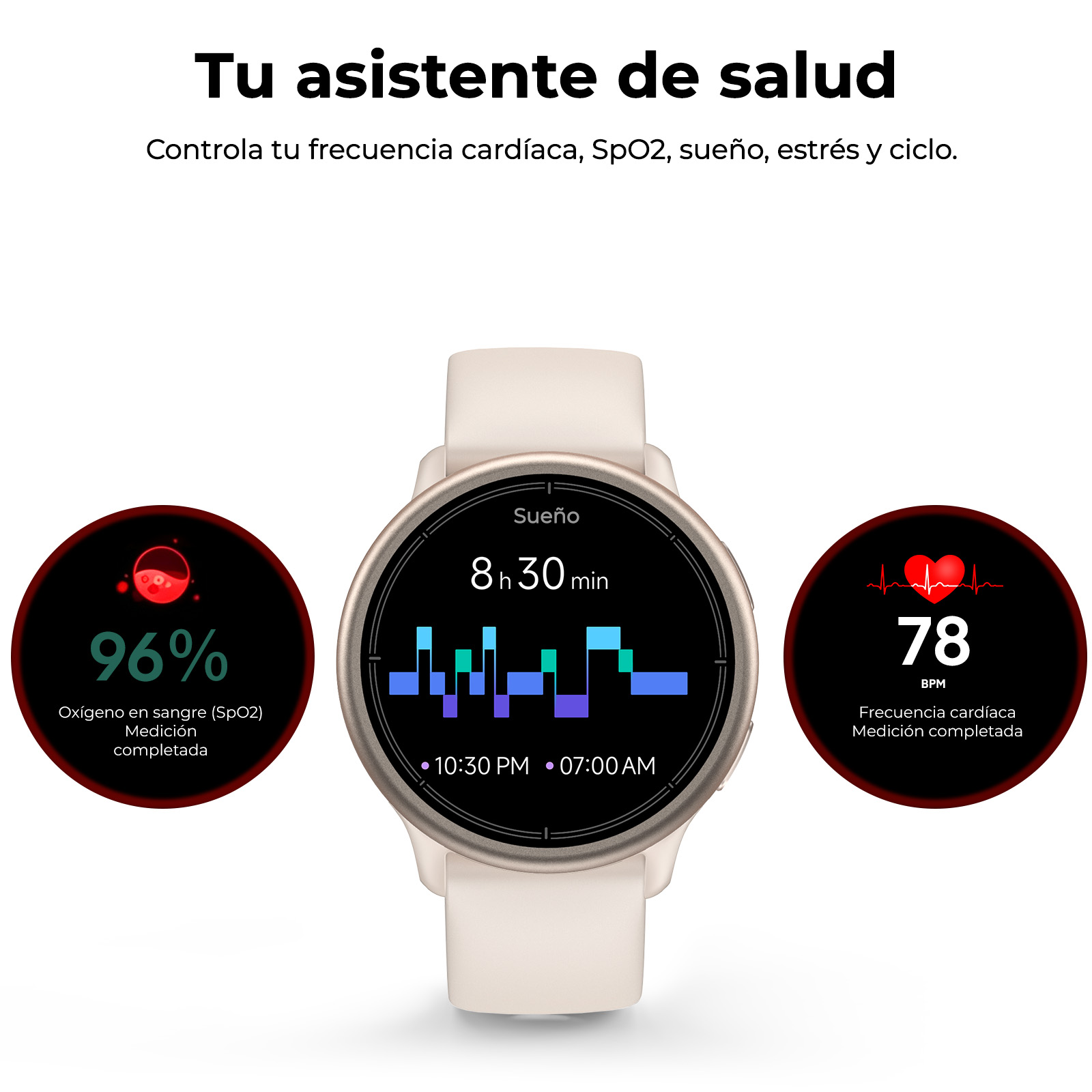 Reloj inteligente que muestra métricas de salud como sueño, oxígeno en sangre y frecuencia cardíaca.