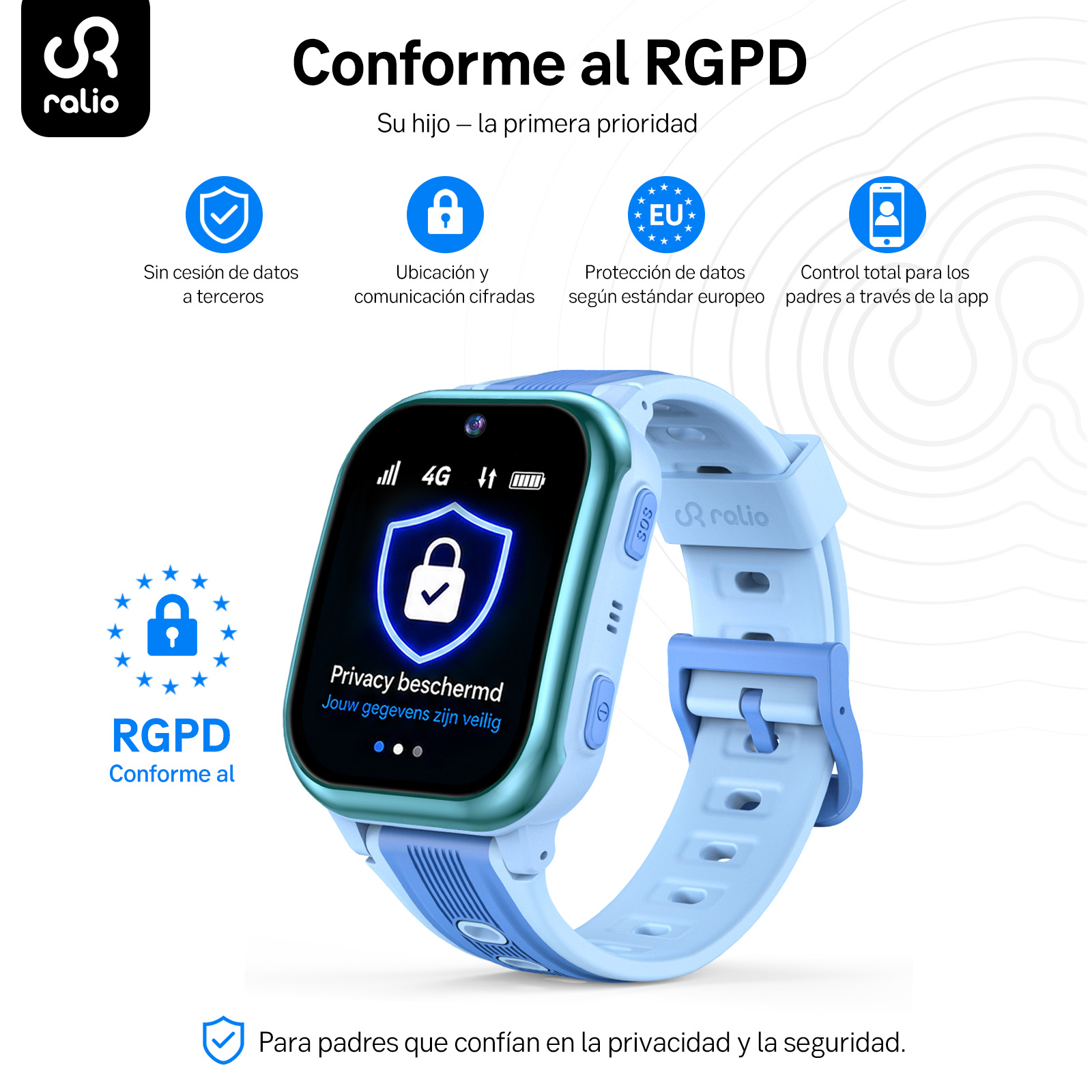 Un reloj inteligente para niños azul claro con funciones de privacidad e iconos de cumplimiento de RGPD.