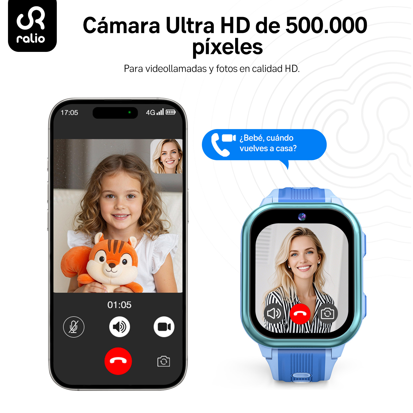 Smartphone y smartwatch infantil en videollamada, promocionados con cámara Ultra HD.