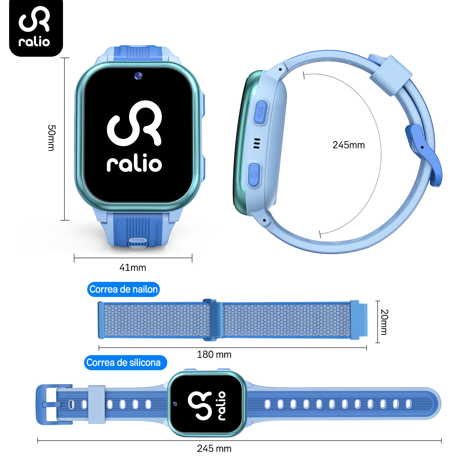 Reloj inteligente azul para niños con medidas, cámara, logotipo y dos correas.