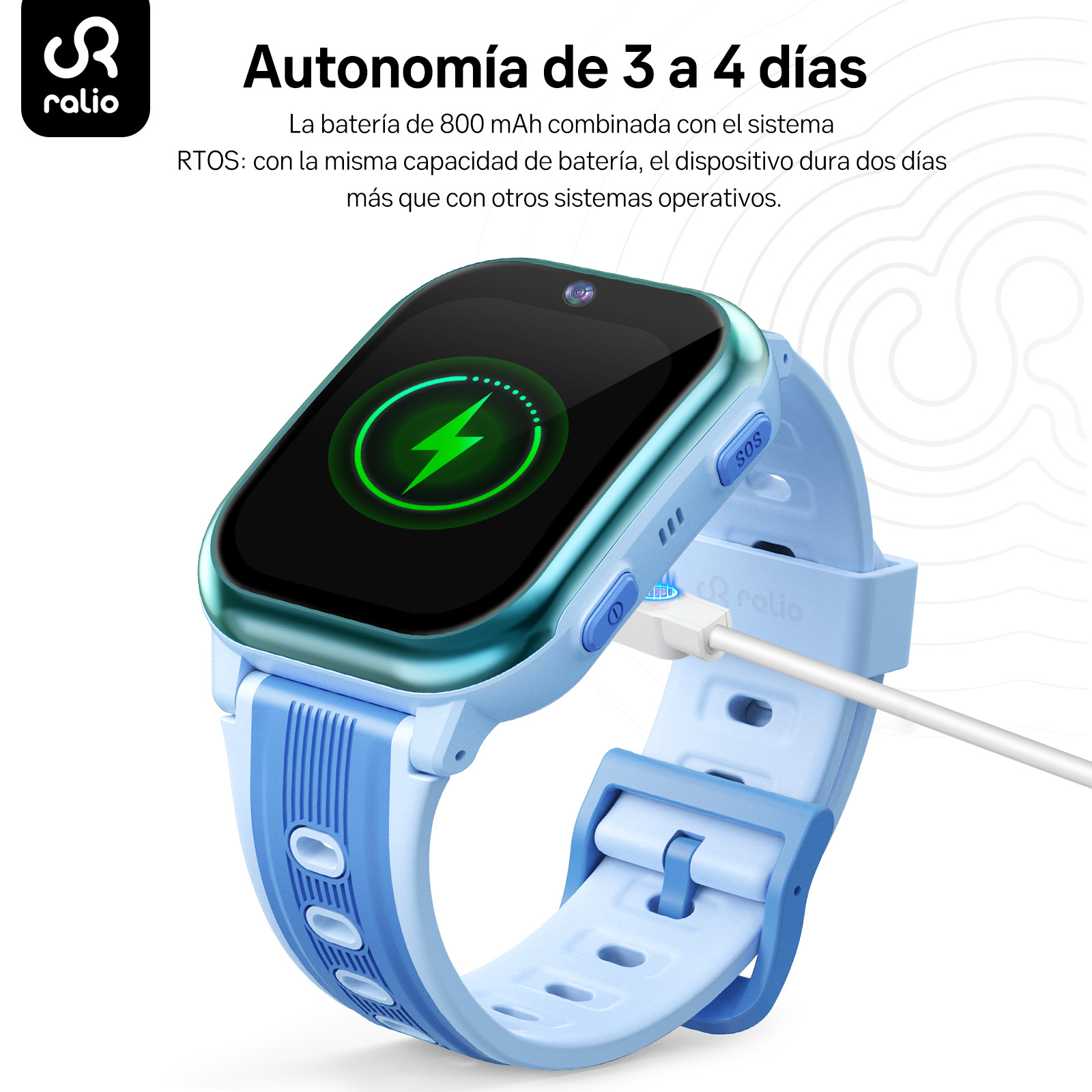 Un smartwatch infantil azul claro cargándose con icono de batería verde en la pantalla y texto en español.